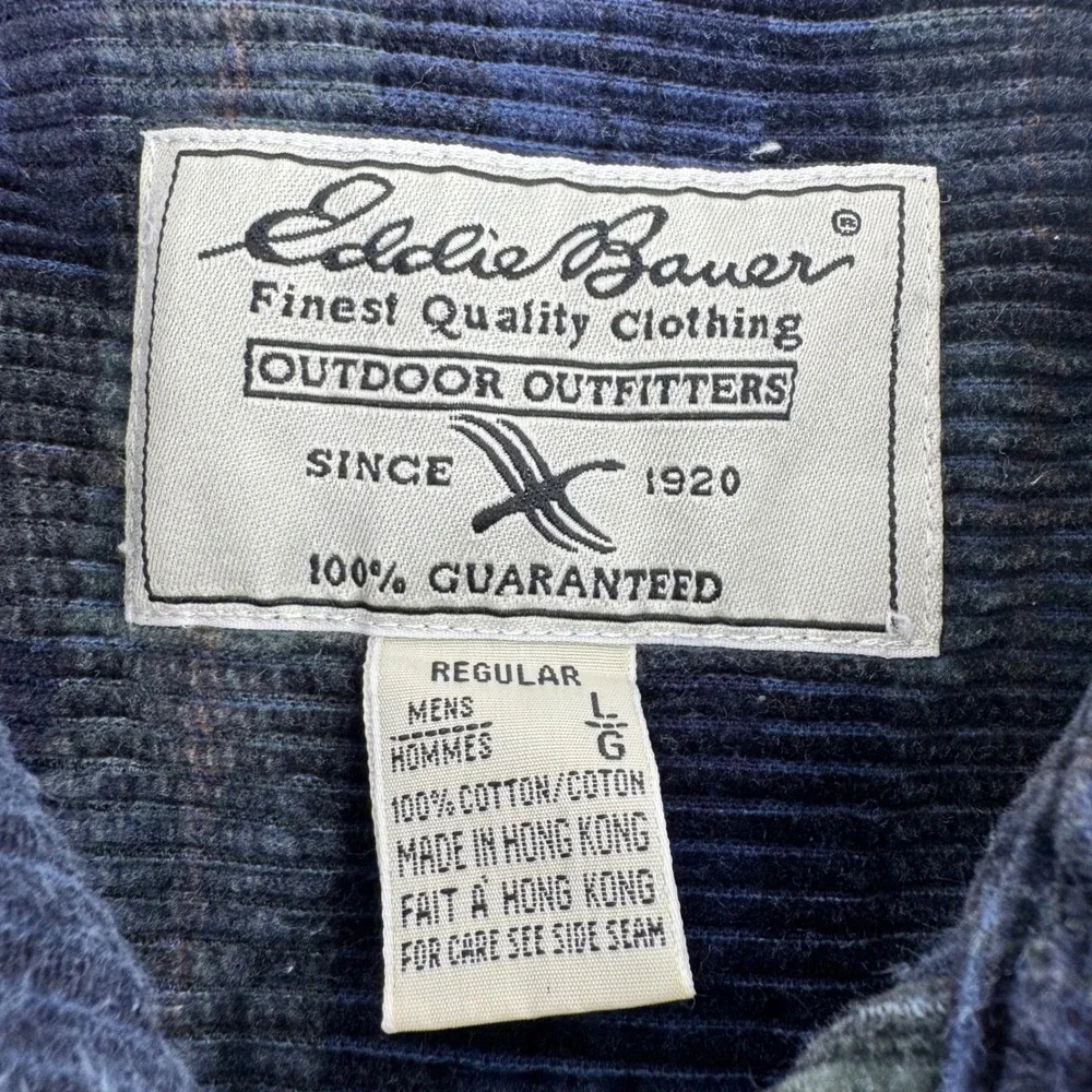 Eddie Bauer Corduroy Shirt Mens Large Blue Green Plaid Long Sleeve Button Down